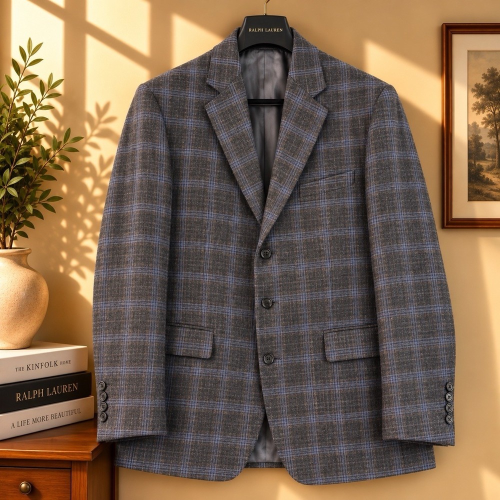 Tallia Uomo Blazer Mens 48R Gray Blue Windowpane Wool Silk Linen Sport Coat